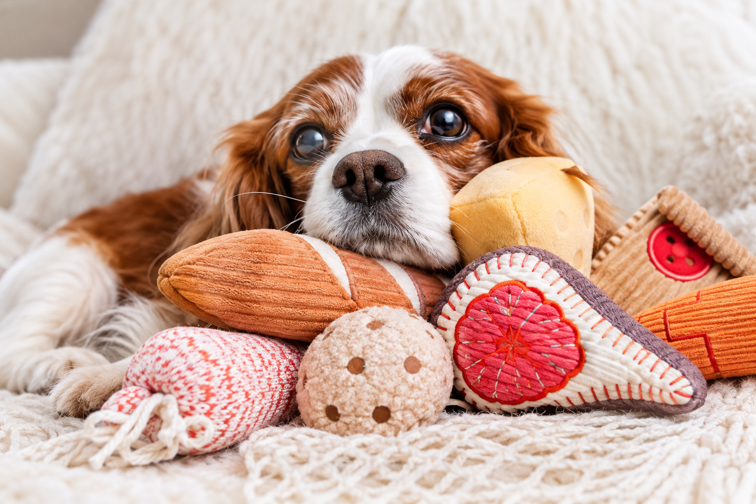 Cavalier King Charles Spaniel puppy surrounded by soft dog toys for a guide to choosing the best puppy toys by age and breed size.