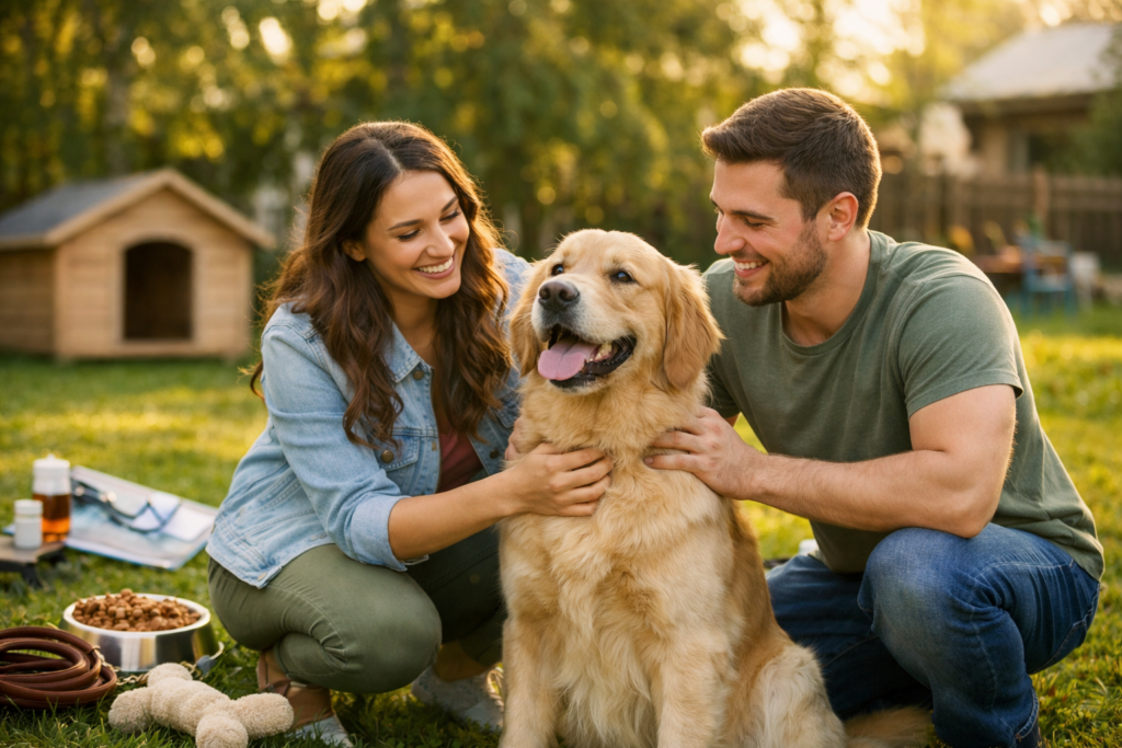 Responsible dog adoption – young couple bonding with dog before adoption