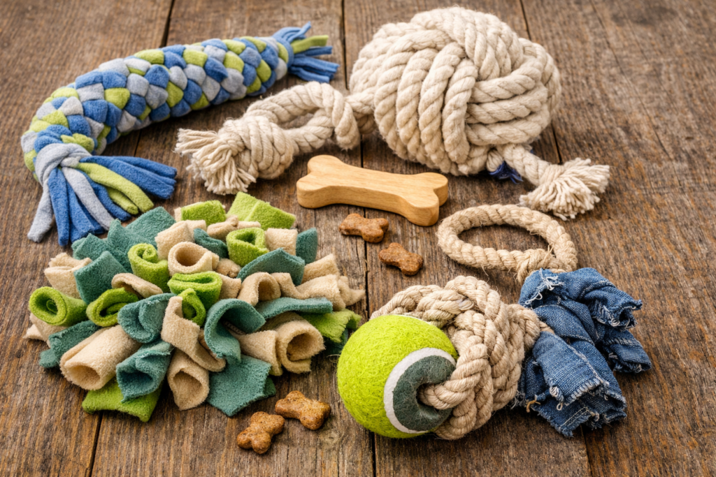 safe handmade dog toys made from cotton rope and fleece
