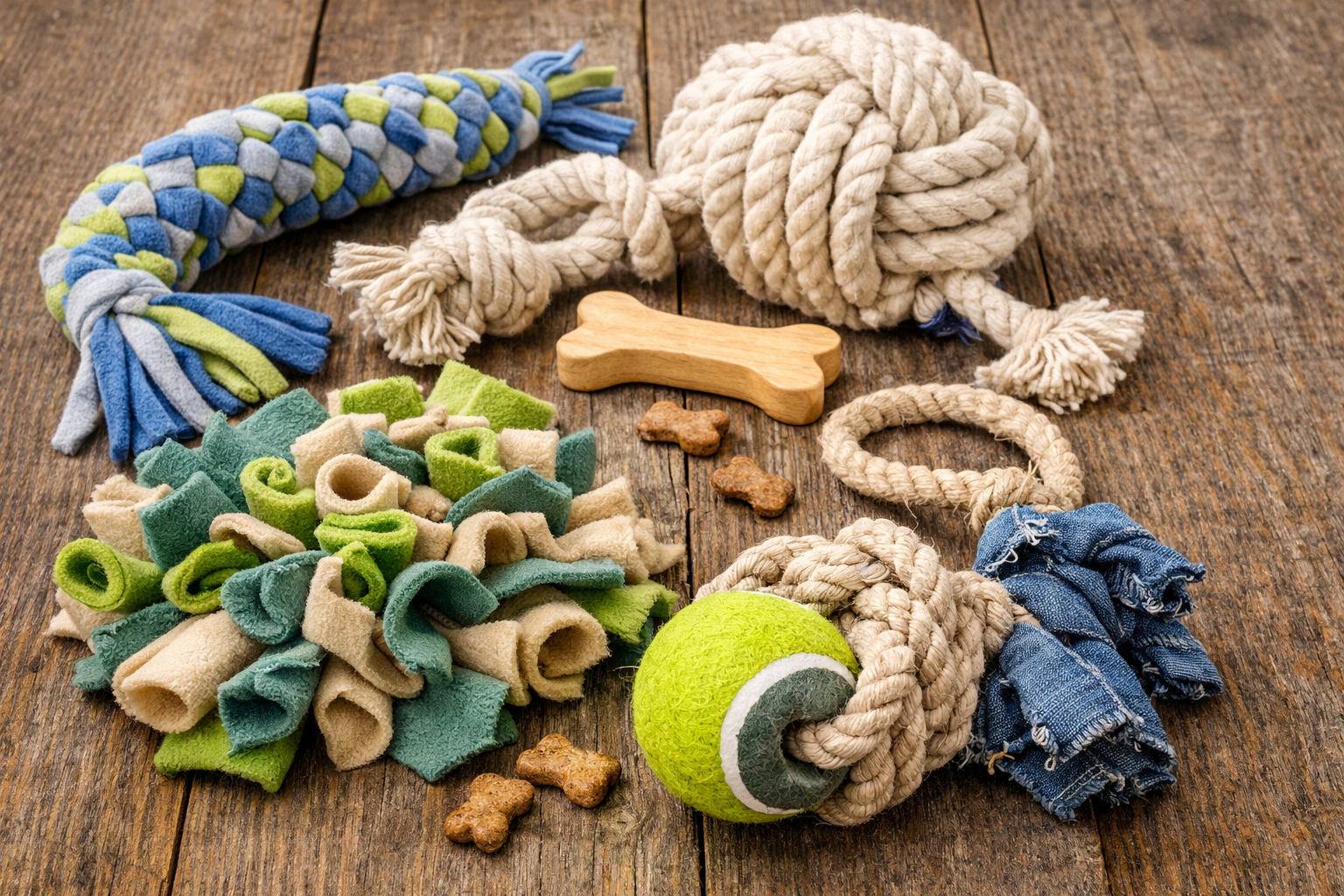 safe handmade dog toys made from cotton rope and fleece