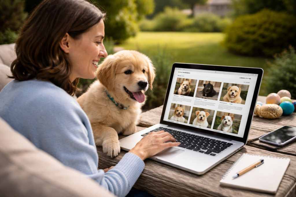 woman researching how to buy a puppy online safely while sitting with her puppy
