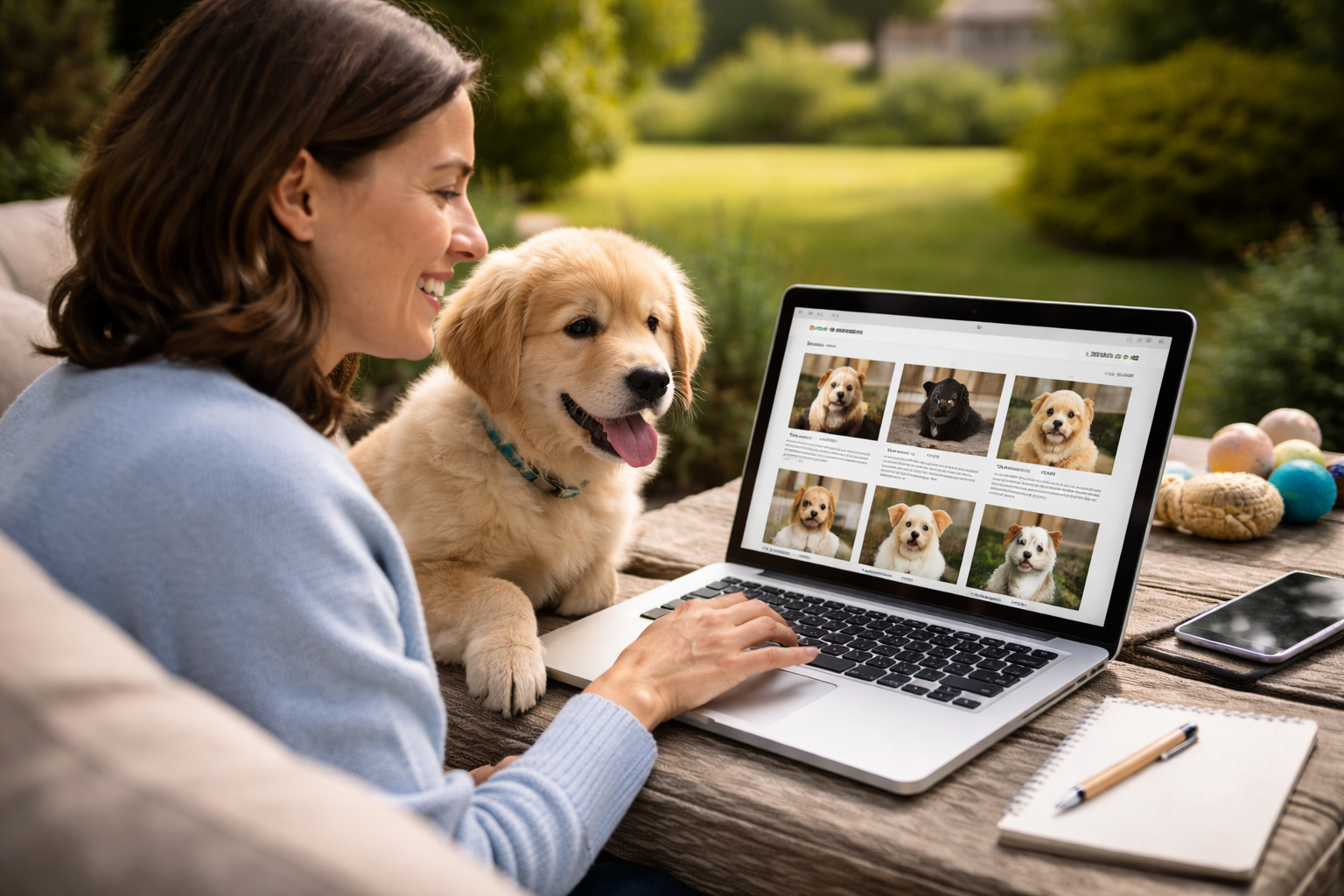 woman researching how to buy a puppy online safely while sitting with her puppy