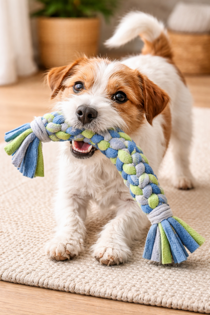 dog playing with handmade dog toy tug toy