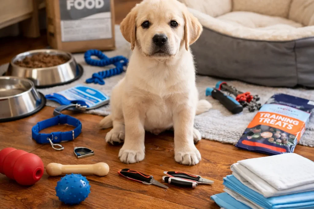 Golden Labrador puppy surrounded by essential supplies for a new puppy checklist