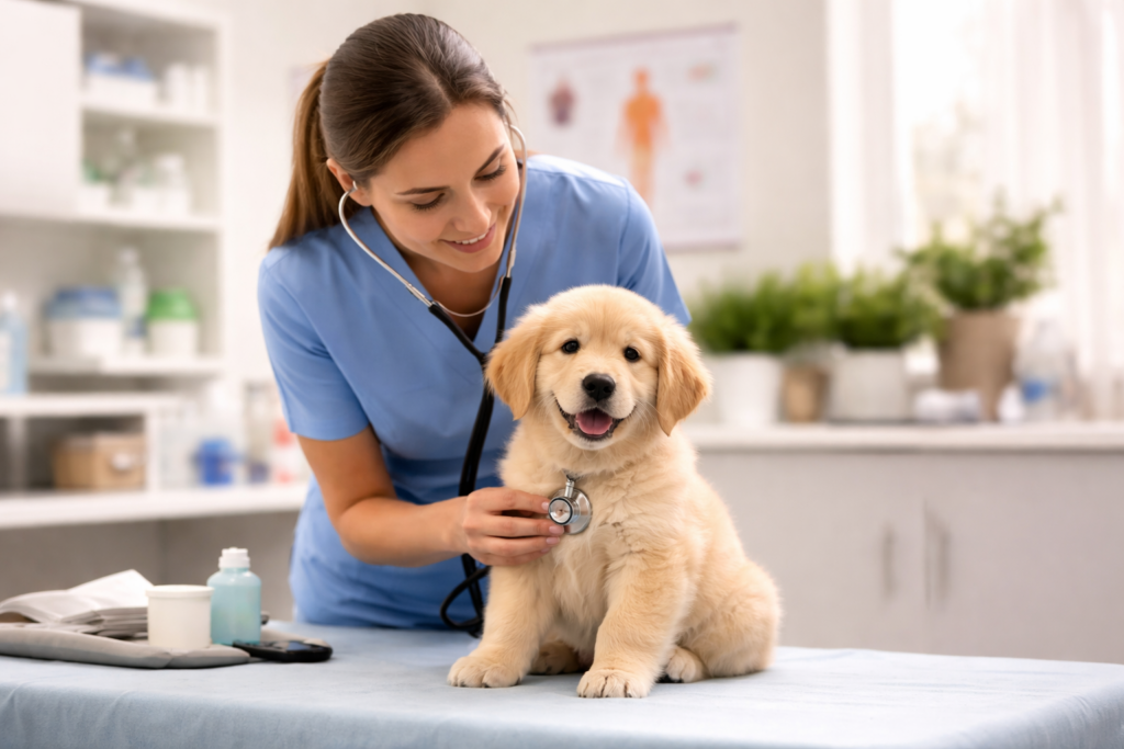 veterinarian examining a puppy during a health check from a responsible dog breeder