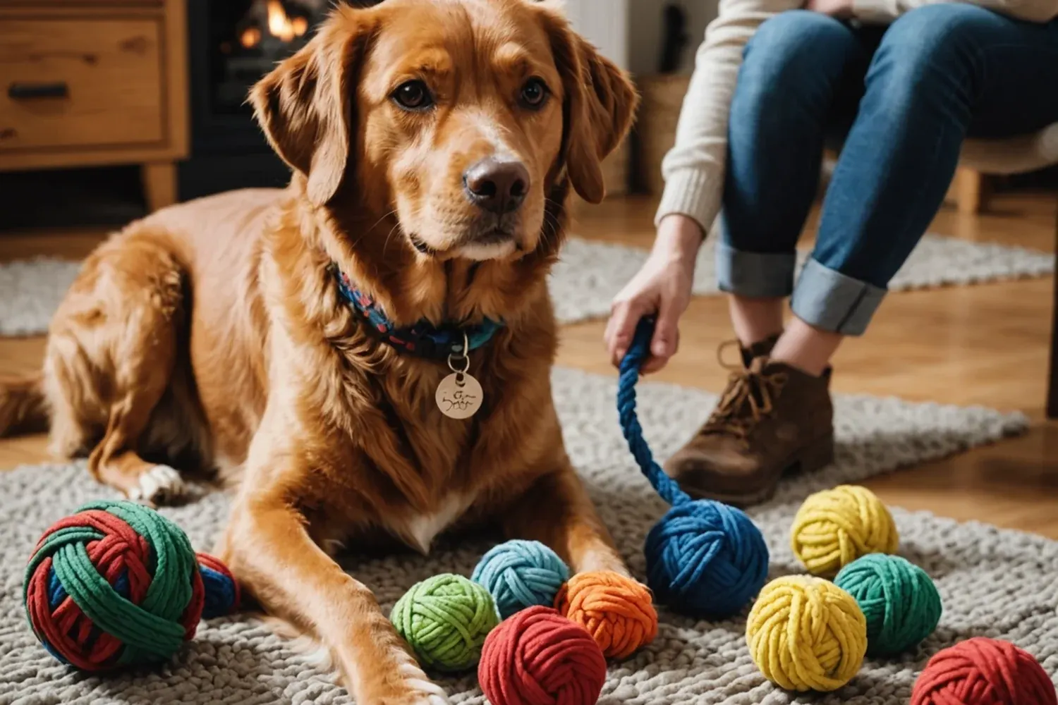 Dog playing with colorful rope toys at home, illustrating safe dog toys for puppies.