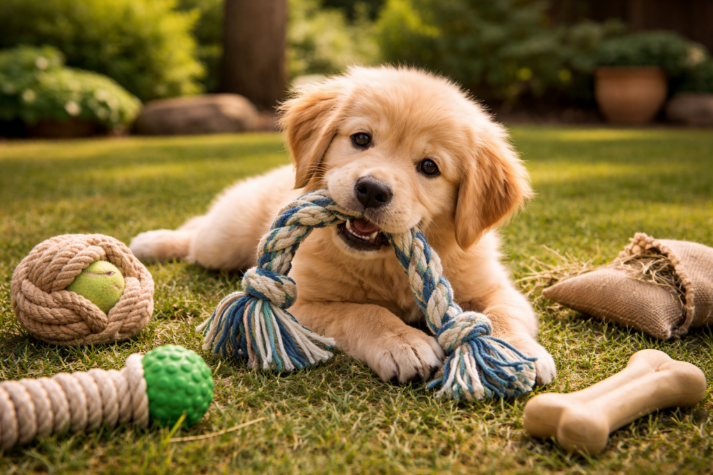 dog playing with safe dog toys made from natural materials