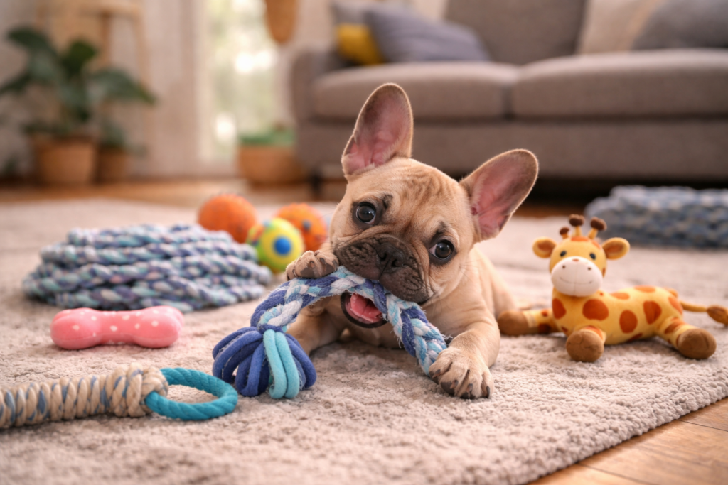 french bulldog puppy playing with toys for small dogs on living room floor