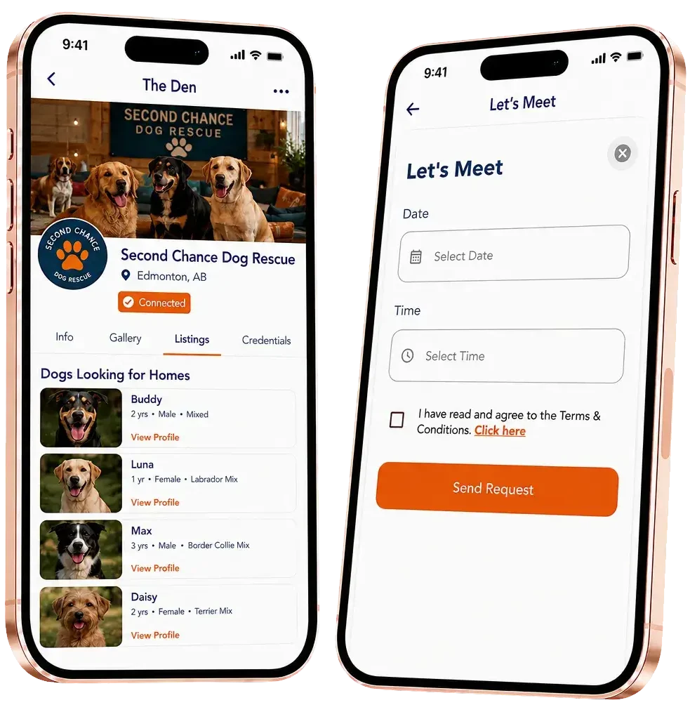 Advertise your dog rescue or animal shelter with a Pupify shelter Den and meet-up request displayed on an iPad and phone.