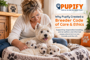 Breeder caring for a mother dog and puppies, representing Pupify’s Breeder Code of Care & Ethics and responsible breeding practices.