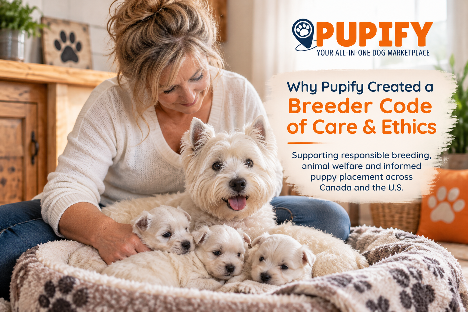 Breeder caring for a mother dog and puppies, representing Pupify’s Breeder Code of Care & Ethics and responsible breeding practices.