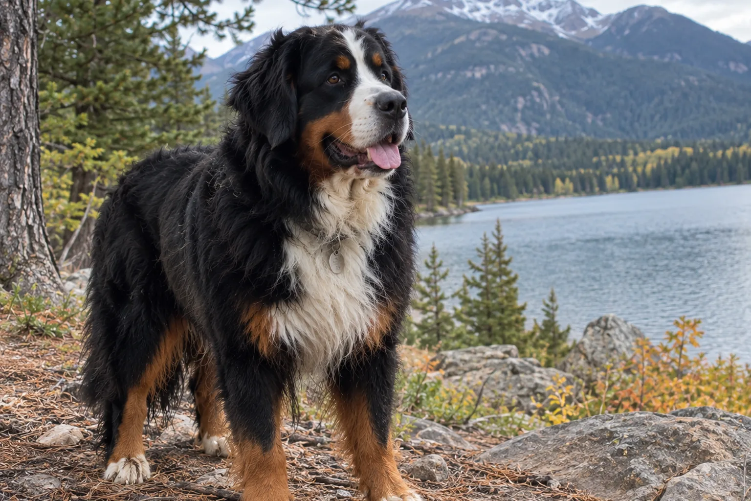 Bernese Mountain Dog outdoors by a mountain lake